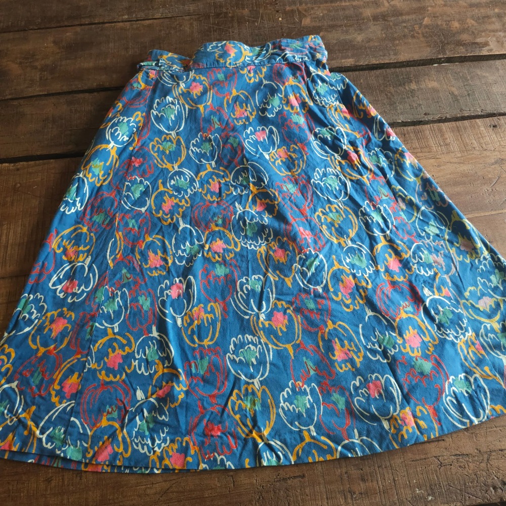 Vintage 1970s Blue Abstract Floral Wrap Skirt A-Line Boho Cotton Midi Skirt - Picture 7 of 13